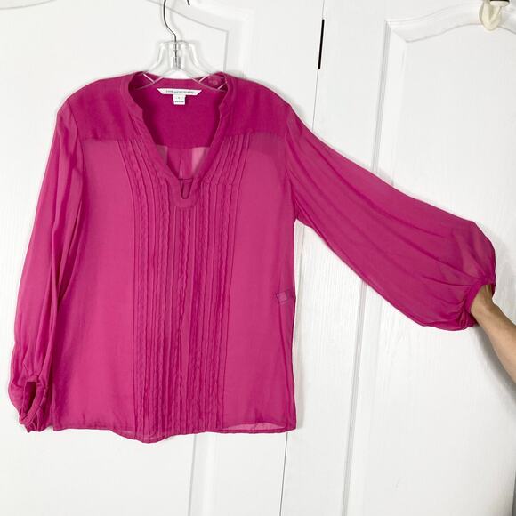 Nwot DVF Blouse 6 Pink SILK Sheer Pleated Long-Balloon-Sleeve “Tanyana” - Picture 2 of 14